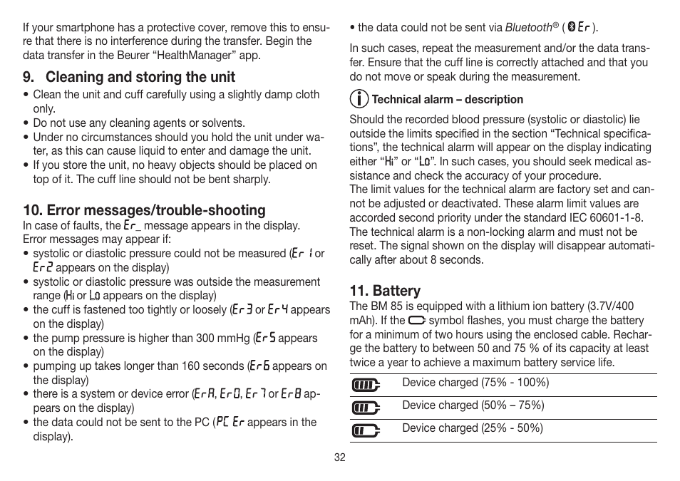 Cleaning and storing the unit, Error messages/trouble-shooting, Battery | Beurer BM 85 User Manual | Page 32 / 144