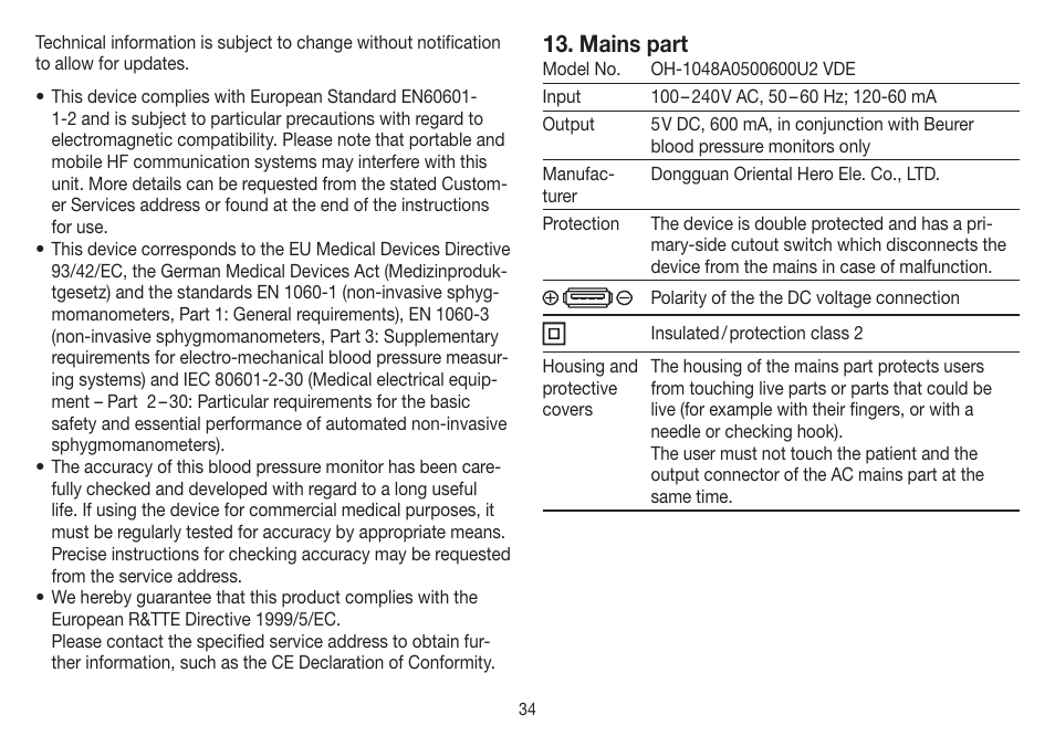 Mains part | Beurer BM 85 User Manual | Page 34 / 144