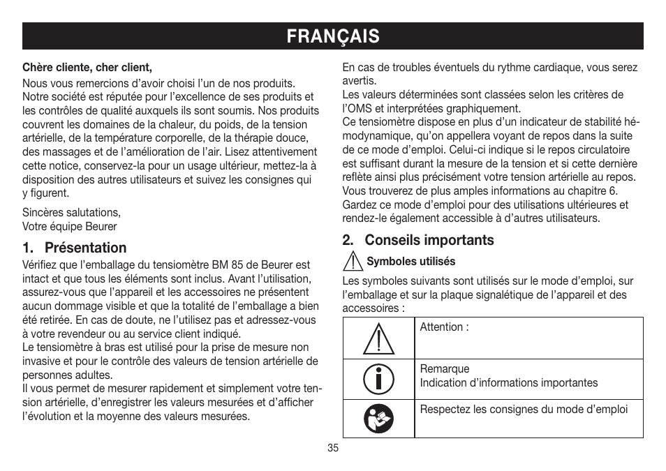 Français, Présentation, Conseils importants | Beurer BM 85 User Manual | Page 35 / 144