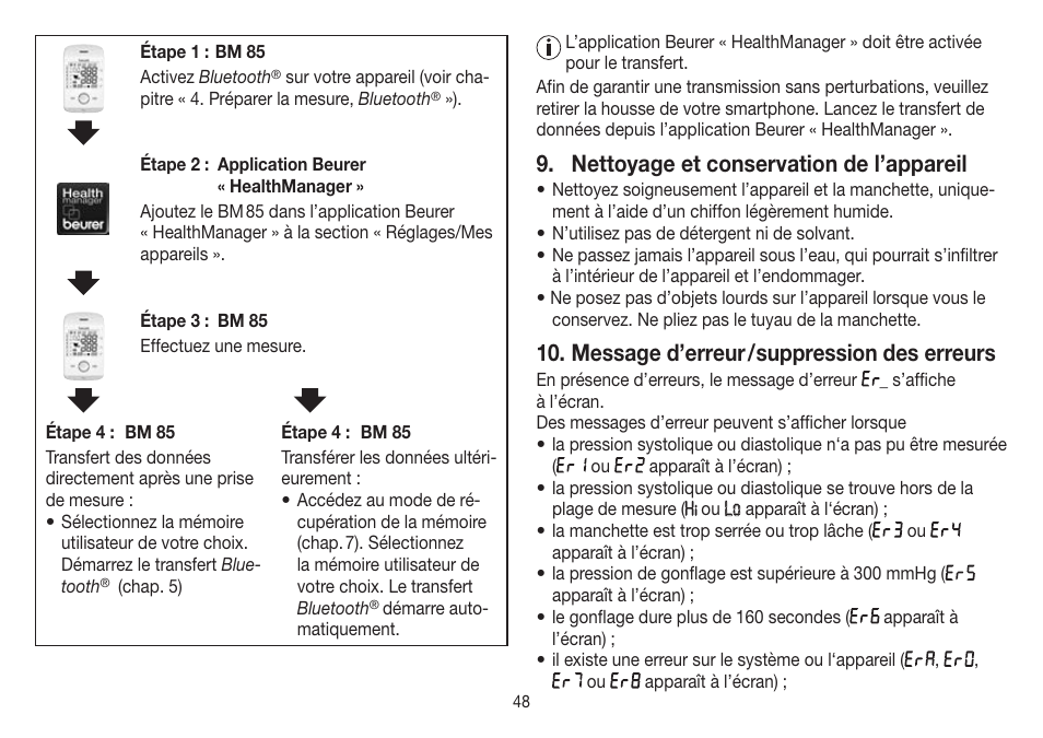 Nettoyage et conservation de l’appareil, Message d’erreur / suppression des erreurs | Beurer BM 85 User Manual | Page 48 / 144