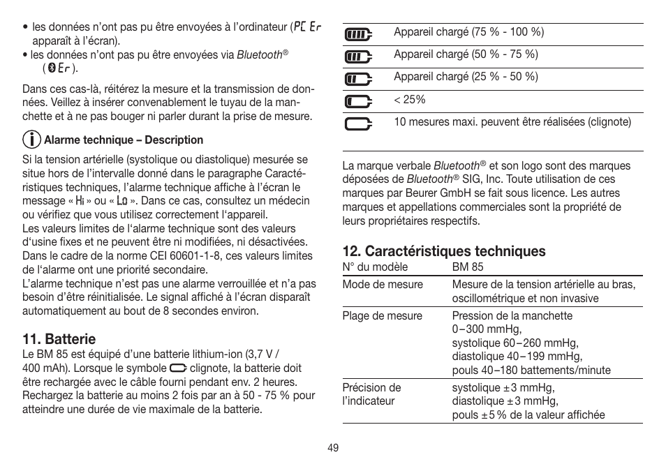 Batterie, Caractéristiques techniques | Beurer BM 85 User Manual | Page 49 / 144