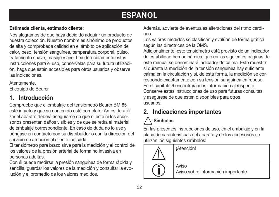 Español, Introducción, Indicaciones importantes | Beurer BM 85 User Manual | Page 52 / 144