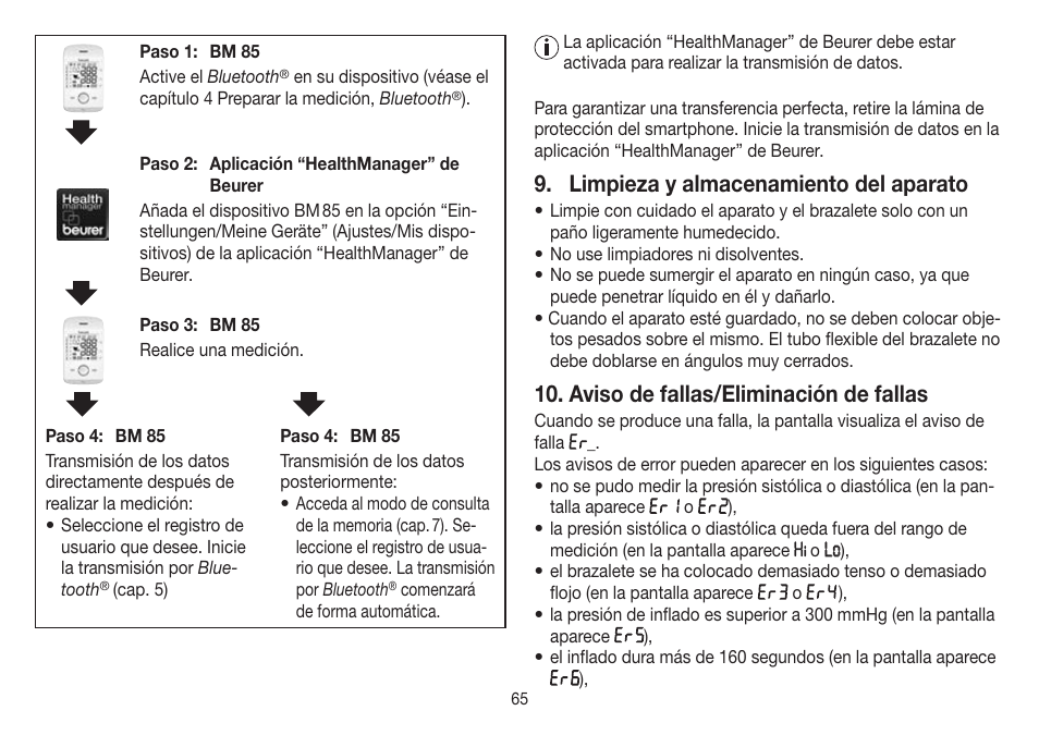 Limpieza y almacenamiento del aparato, Aviso de fallas/eliminación de fallas | Beurer BM 85 User Manual | Page 65 / 144