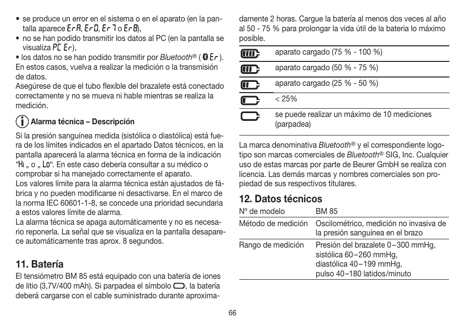 Batería, Datos técnicos | Beurer BM 85 User Manual | Page 66 / 144