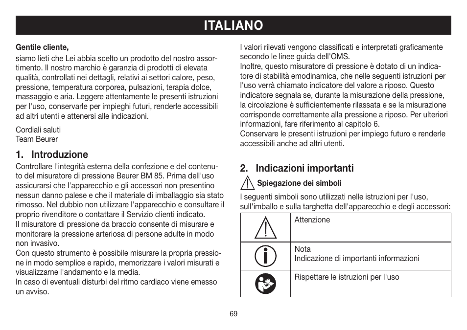 Italiano, Introduzione, Indicazioni importanti | Beurer BM 85 User Manual | Page 69 / 144