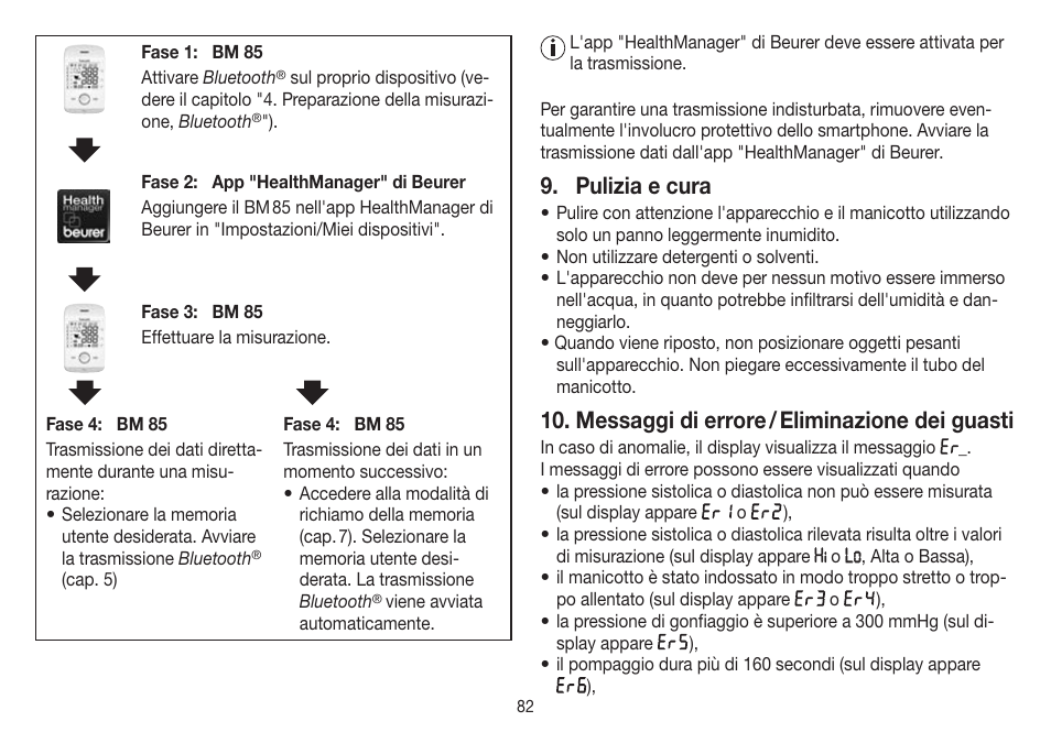 Pulizia e cura, Messaggi di errore / eliminazione dei guasti | Beurer BM 85 User Manual | Page 82 / 144