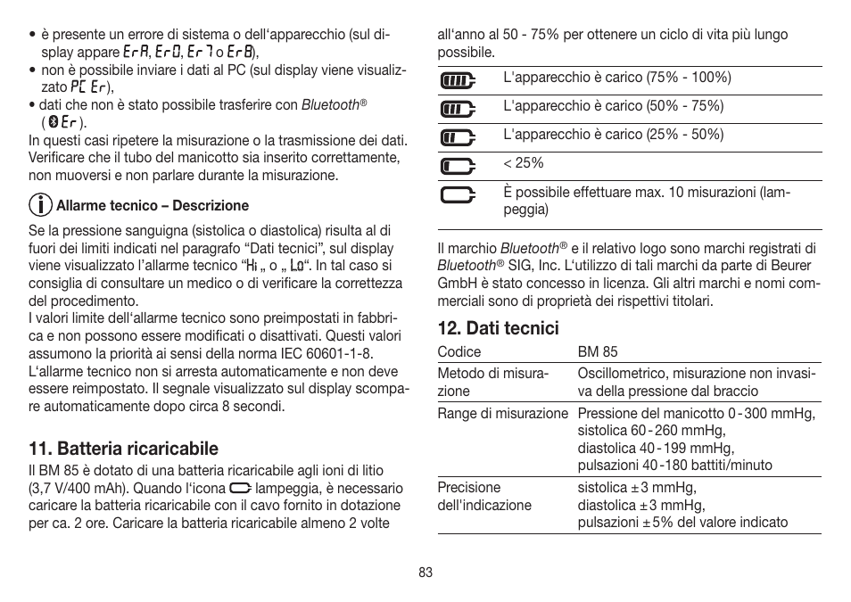 Batteria ricaricabile, Dati tecnici | Beurer BM 85 User Manual | Page 83 / 144