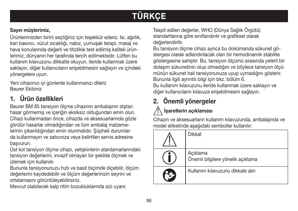 Türkçe, Ürün özellikleri, Önemli yönergeler | Beurer BM 85 User Manual | Page 86 / 144