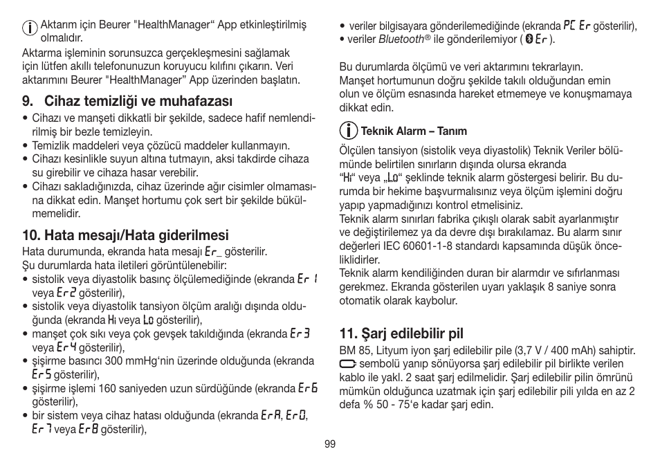 Cihaz temizliği ve muhafazası, Hata mesajı/hata giderilmesi, Şarj edilebilir pil | Beurer BM 85 User Manual | Page 99 / 144