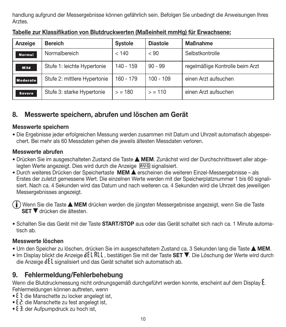 Messwerte speichern, abrufen und löschen am gerät, Fehlermeldung/fehlerbehebung | Beurer BM 90 User Manual | Page 10 / 104