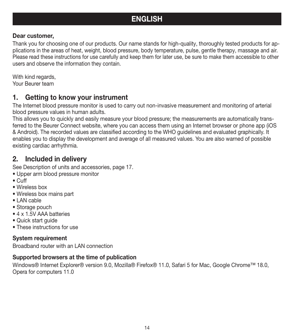 English, Getting to know your instrument, Included in delivery | Beurer BM 90 User Manual | Page 14 / 104
