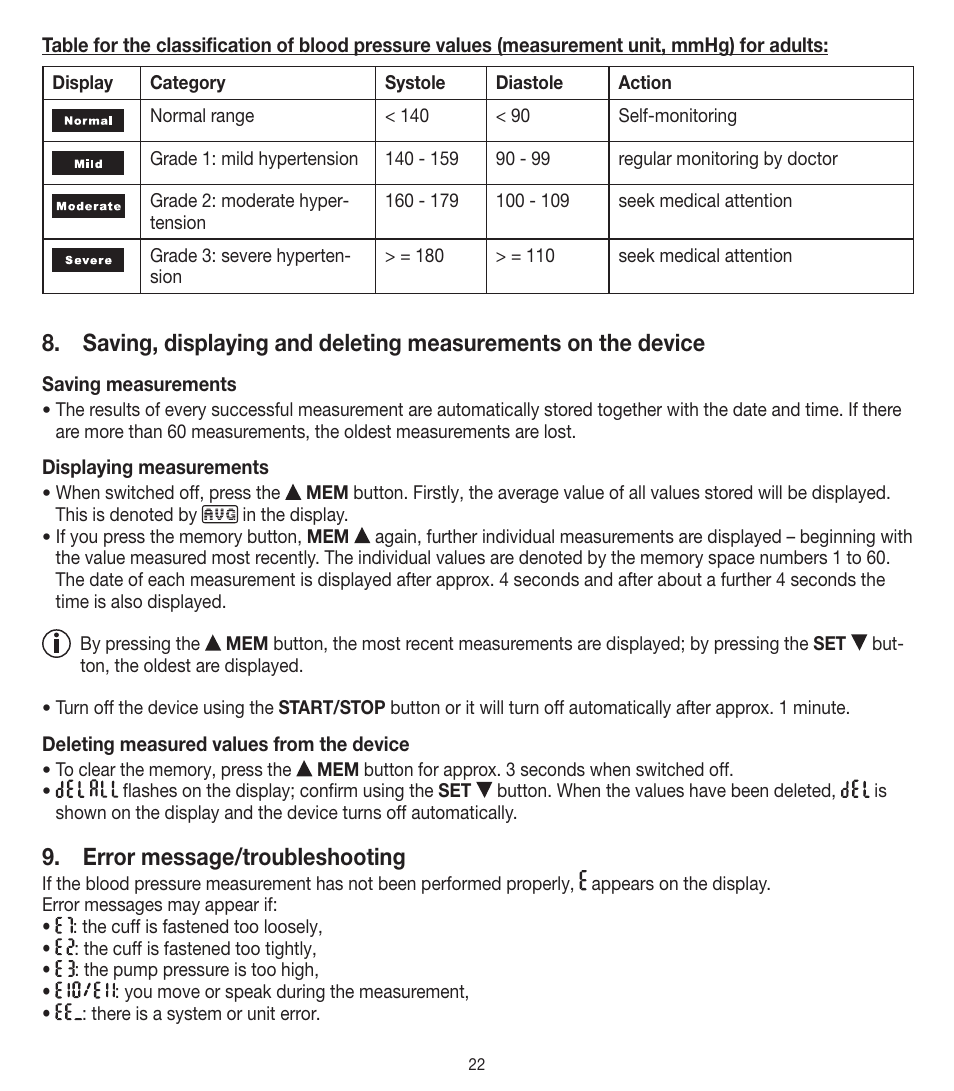 Error message/troubleshooting | Beurer BM 90 User Manual | Page 22 / 104