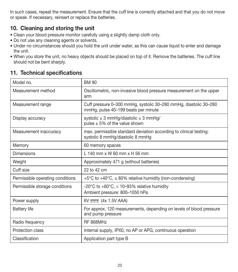 Cleaning and storing the unit, Technical specifications | Beurer BM 90 User Manual | Page 23 / 104