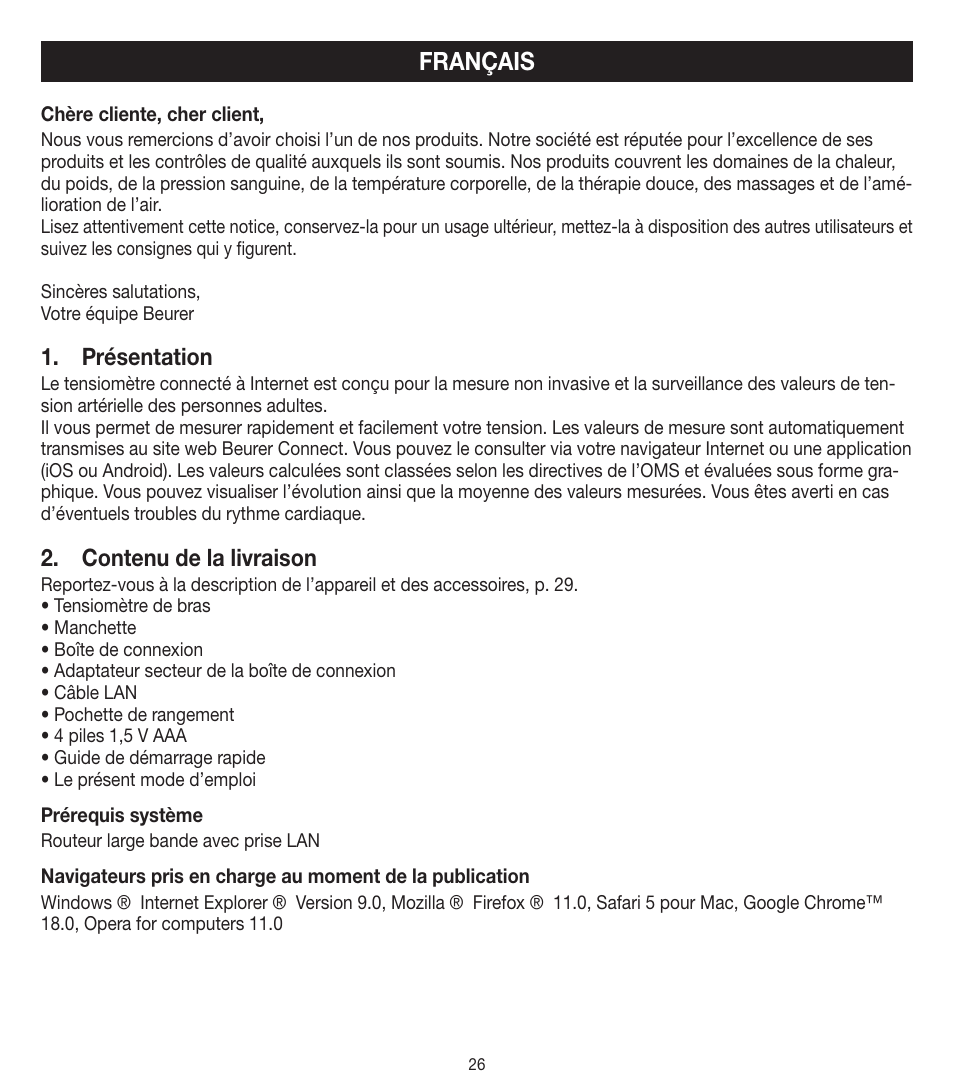 Français, Présentation, Contenu de la livraison | Beurer BM 90 User Manual | Page 26 / 104