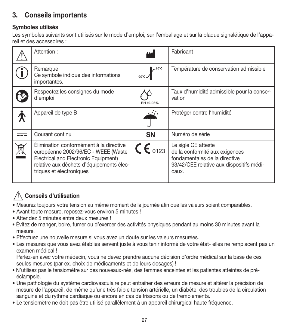 Conseils importants | Beurer BM 90 User Manual | Page 27 / 104