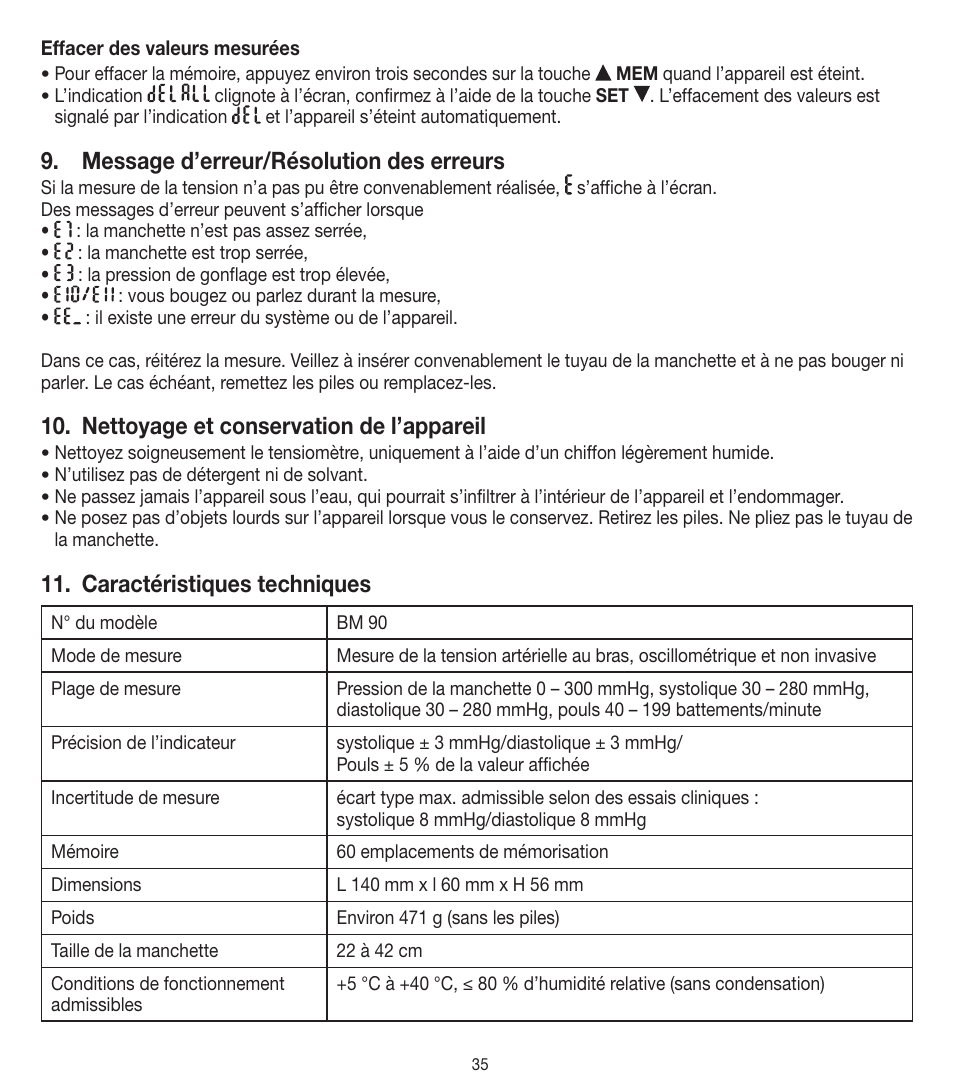 Message d’erreur/résolution des erreurs, Nettoyage et conservation de l’appareil, Caractéristiques techniques | Beurer BM 90 User Manual | Page 35 / 104