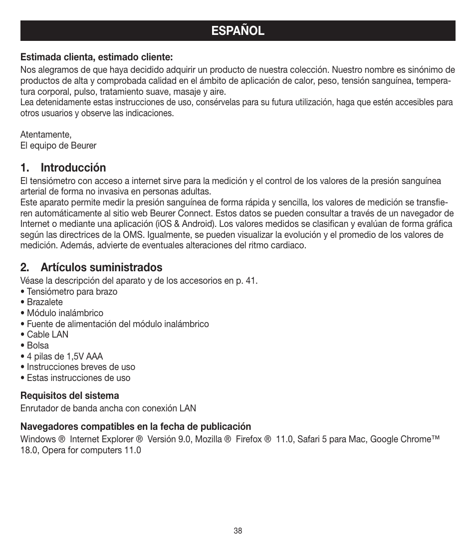 Español, Introducción, Artículos suministrados | Beurer BM 90 User Manual | Page 38 / 104