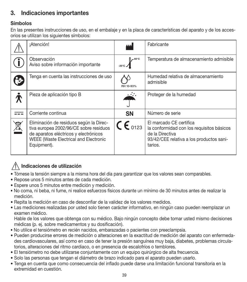Indicaciones importantes | Beurer BM 90 User Manual | Page 39 / 104