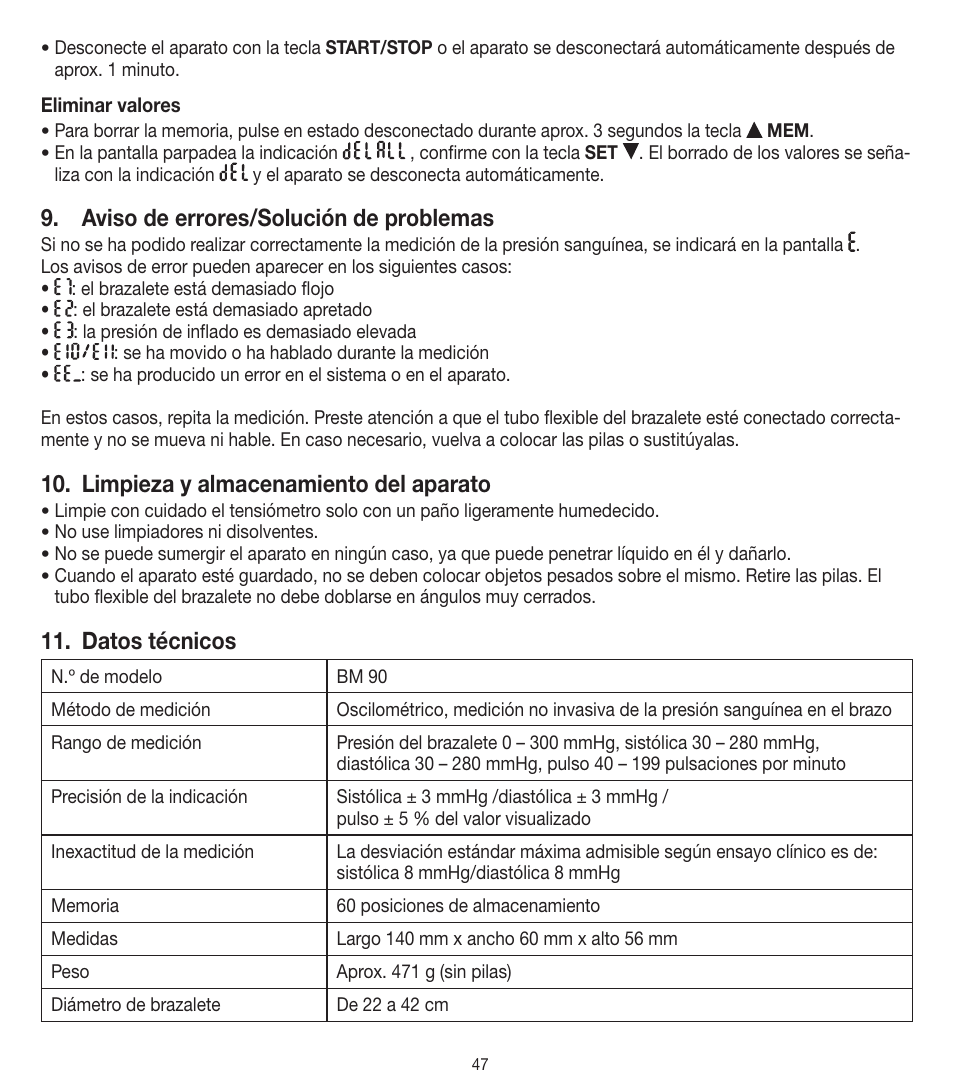 Aviso de errores/solución de problemas, Limpieza y almacenamiento del aparato, Datos técnicos | Beurer BM 90 User Manual | Page 47 / 104