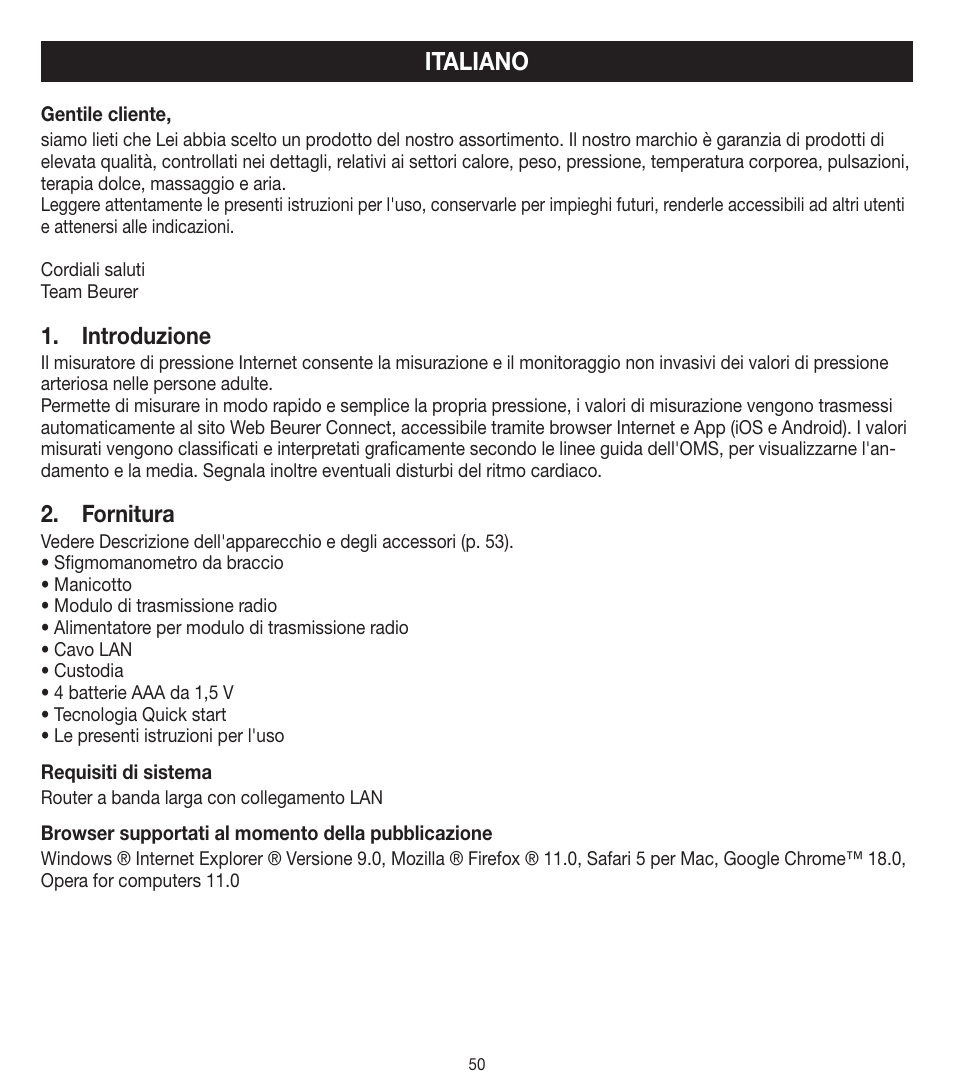 Italiano, Introduzione, Fornitura | Beurer BM 90 User Manual | Page 50 / 104