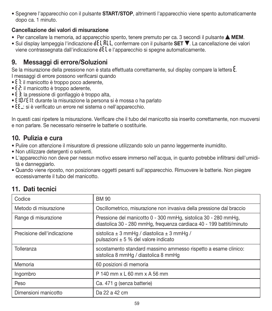 Messaggi di errore/soluzioni, Pulizia e cura, Dati tecnici | Beurer BM 90 User Manual | Page 59 / 104