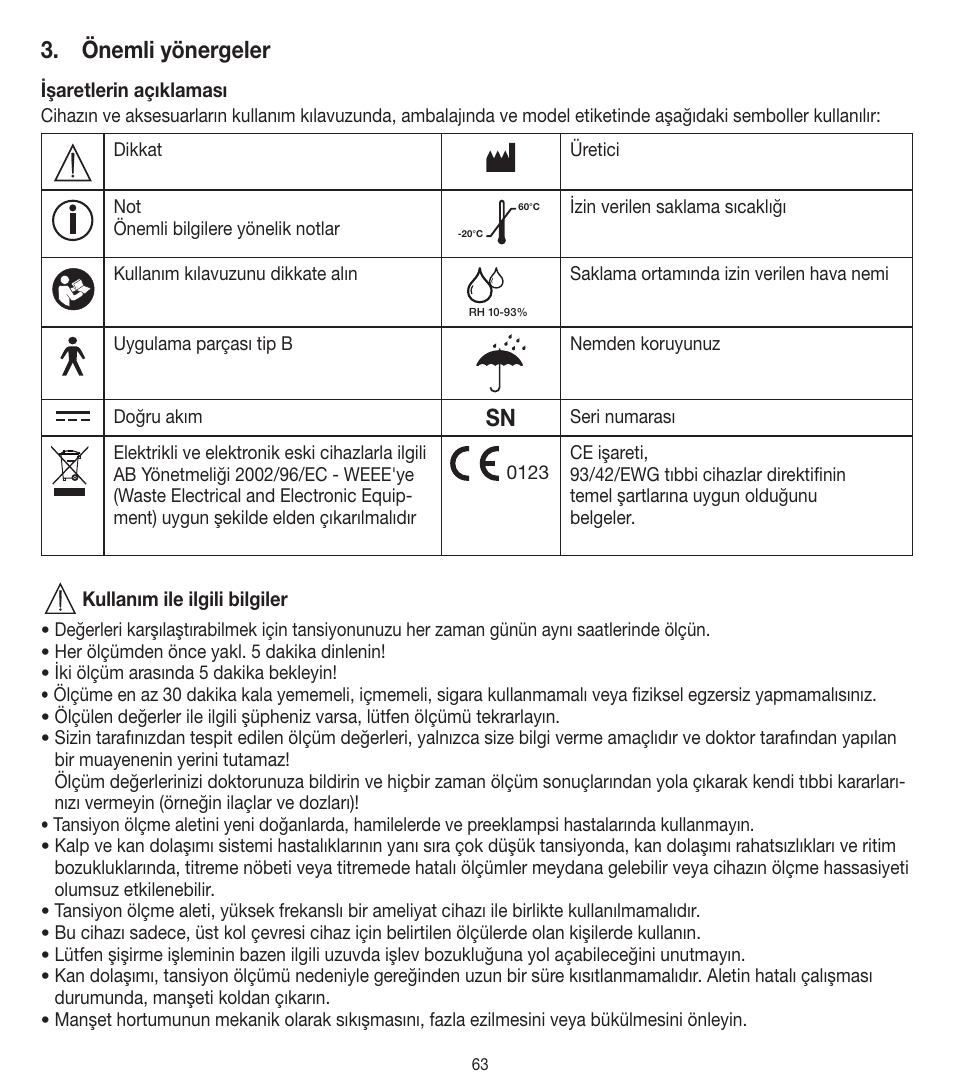 Önemli yönergeler | Beurer BM 90 User Manual | Page 63 / 104