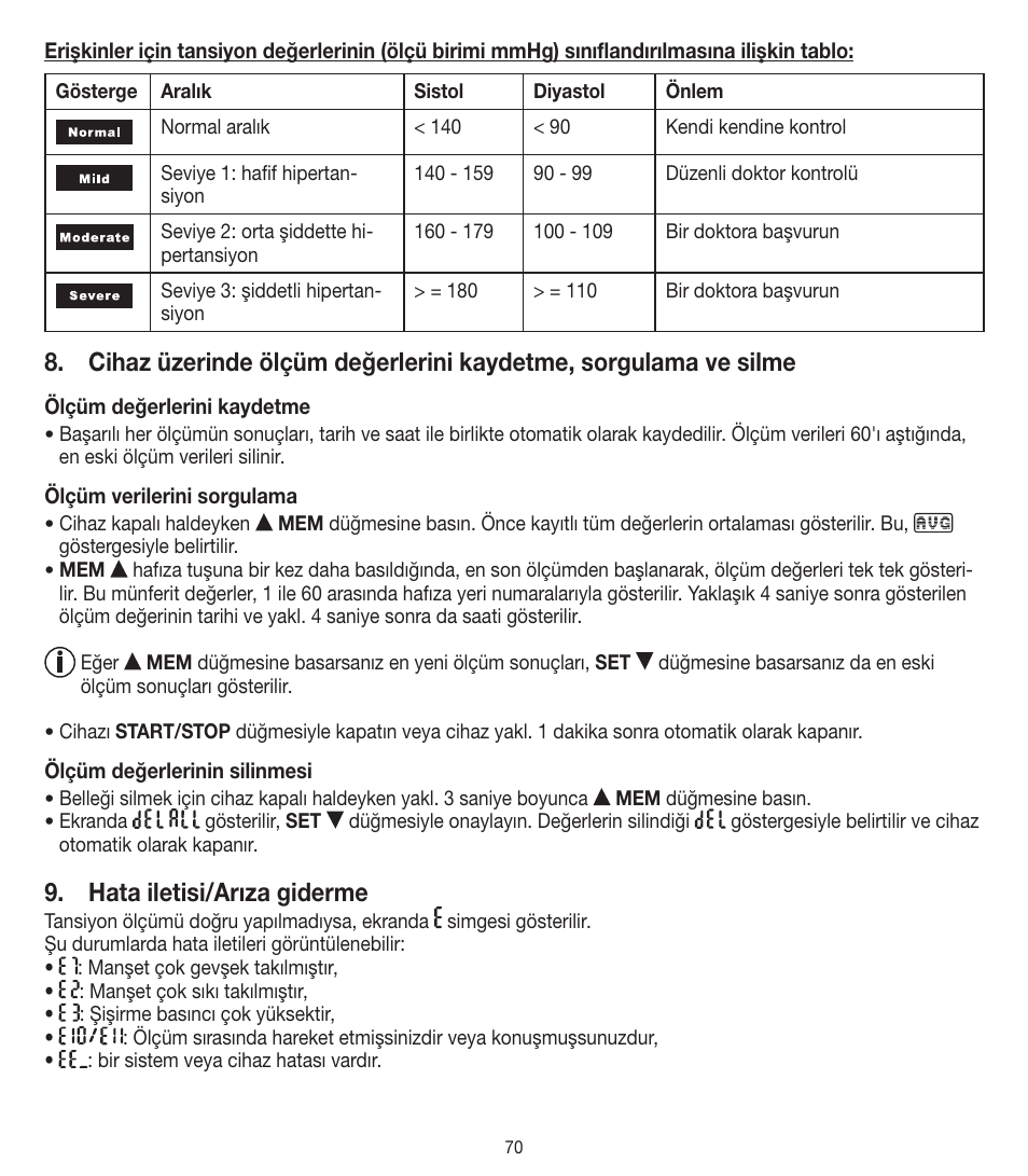 Hata iletisi/arıza giderme | Beurer BM 90 User Manual | Page 70 / 104