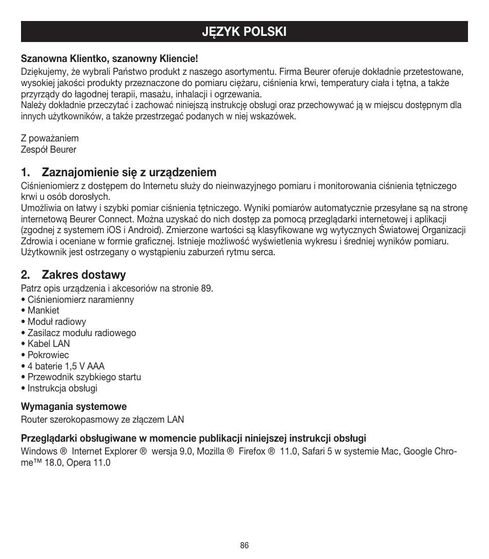 Język polski, Zaznajomienie się z urządzeniem, Zakres dostawy | Beurer BM 90 User Manual | Page 86 / 104