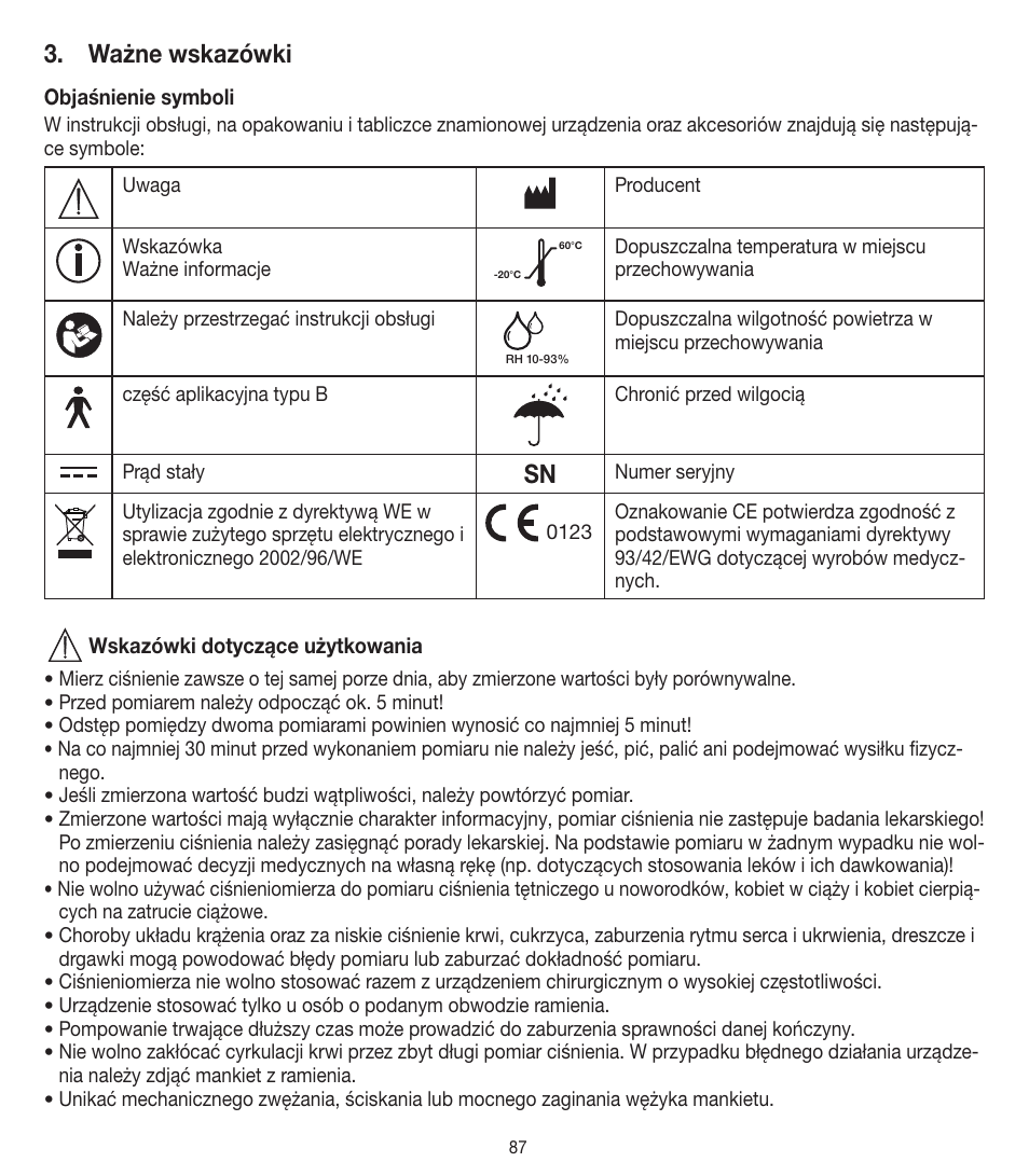 Ważne wskazówki | Beurer BM 90 User Manual | Page 87 / 104