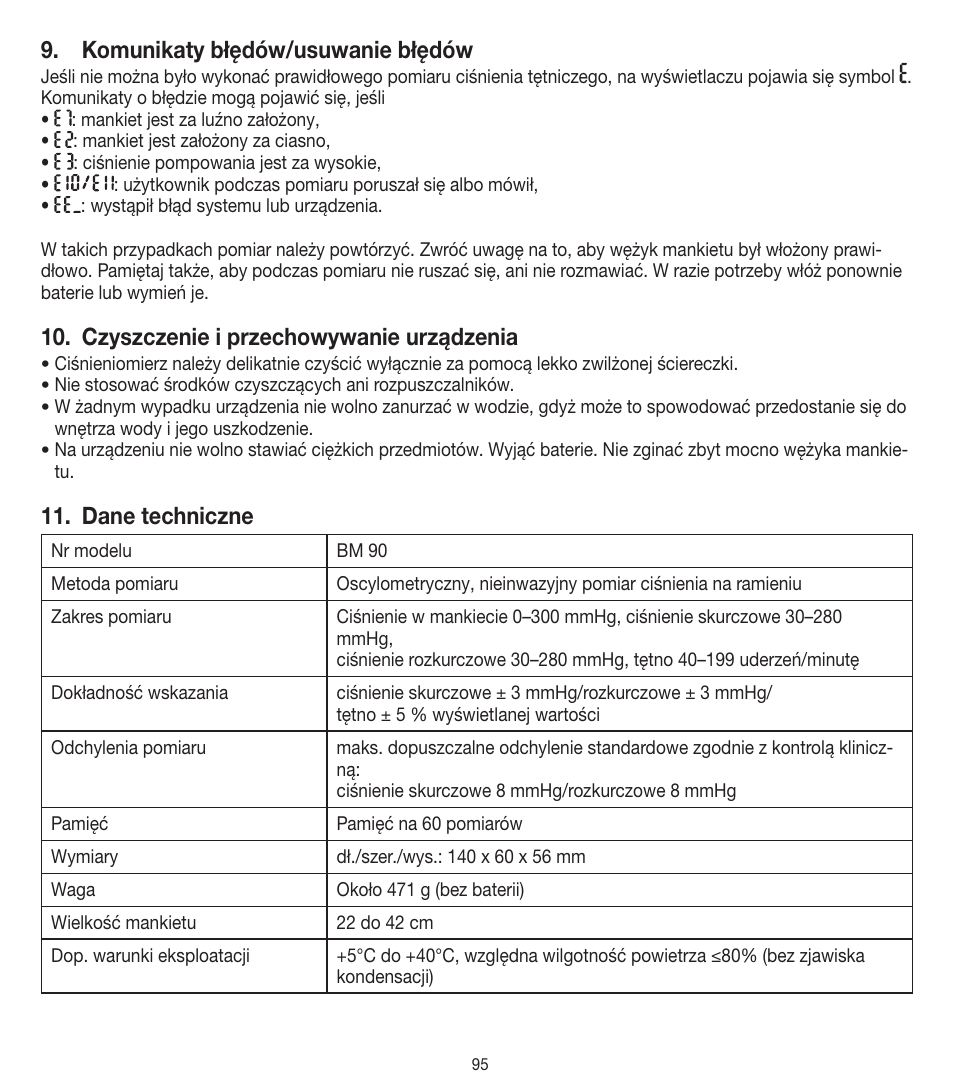 Komunikaty błędów/usuwanie błędów, Czyszczenie i przechowywanie urządzenia, Dane techniczne | Beurer BM 90 User Manual | Page 95 / 104