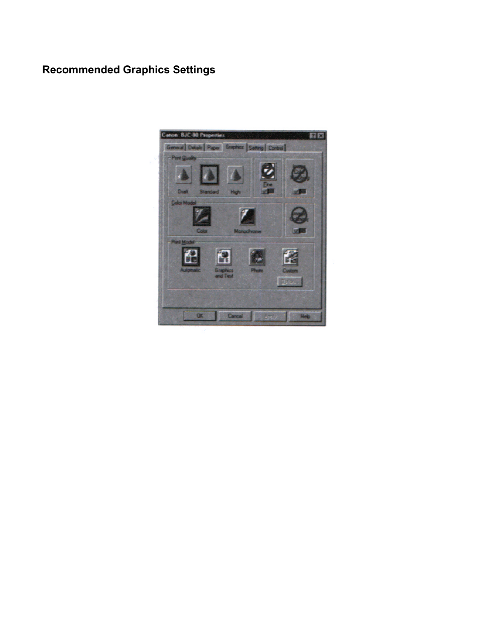 Recommended graphics settings | Canon BJC-80 User Manual | Page 18 / 101