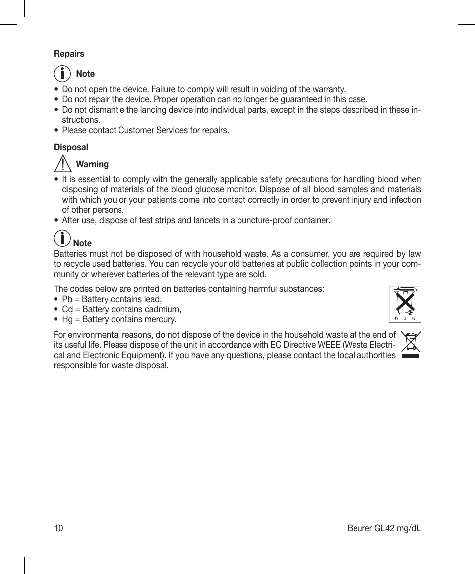 Beurer GL 42 (mg/dL) User Manual | Page 10 / 32