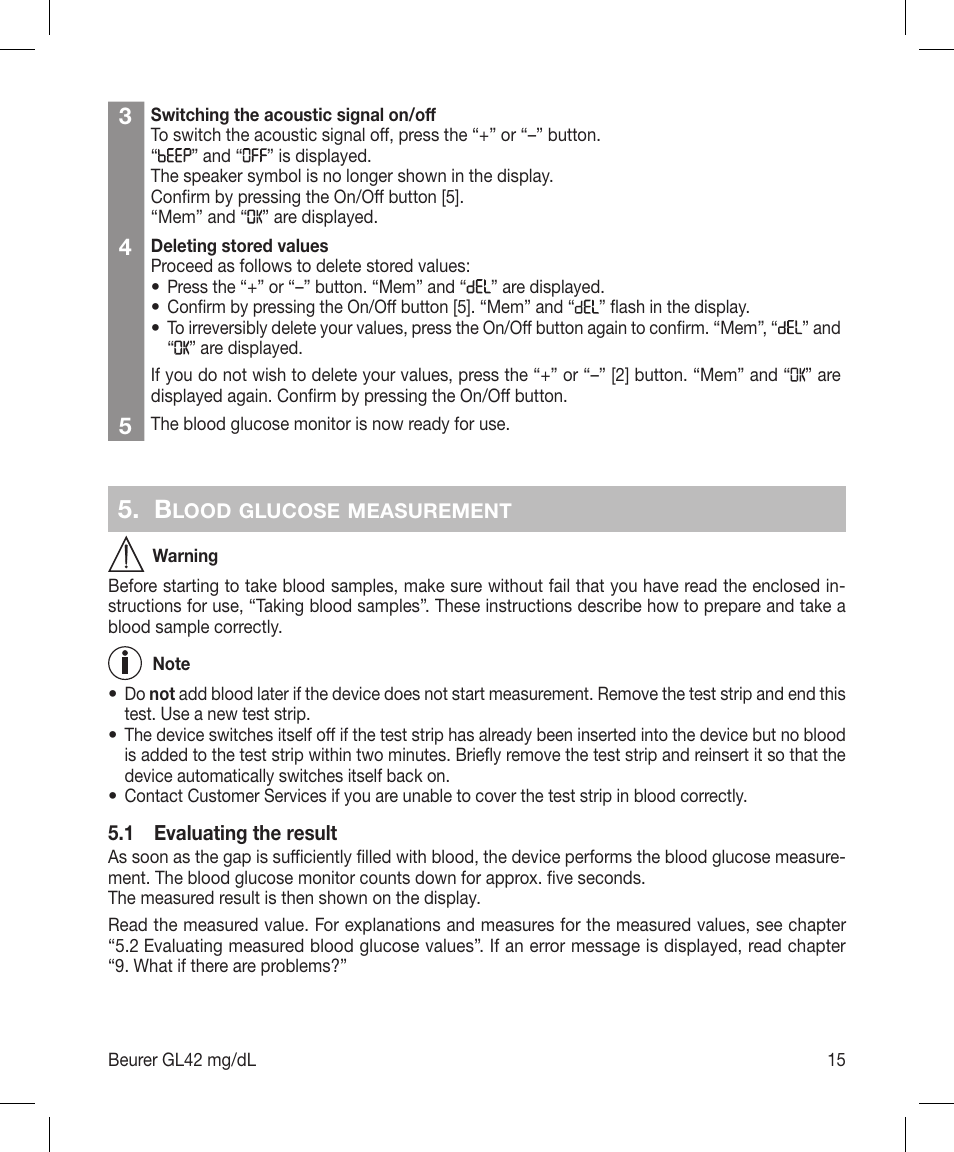 Beurer GL 42 (mg/dL) User Manual | Page 15 / 32