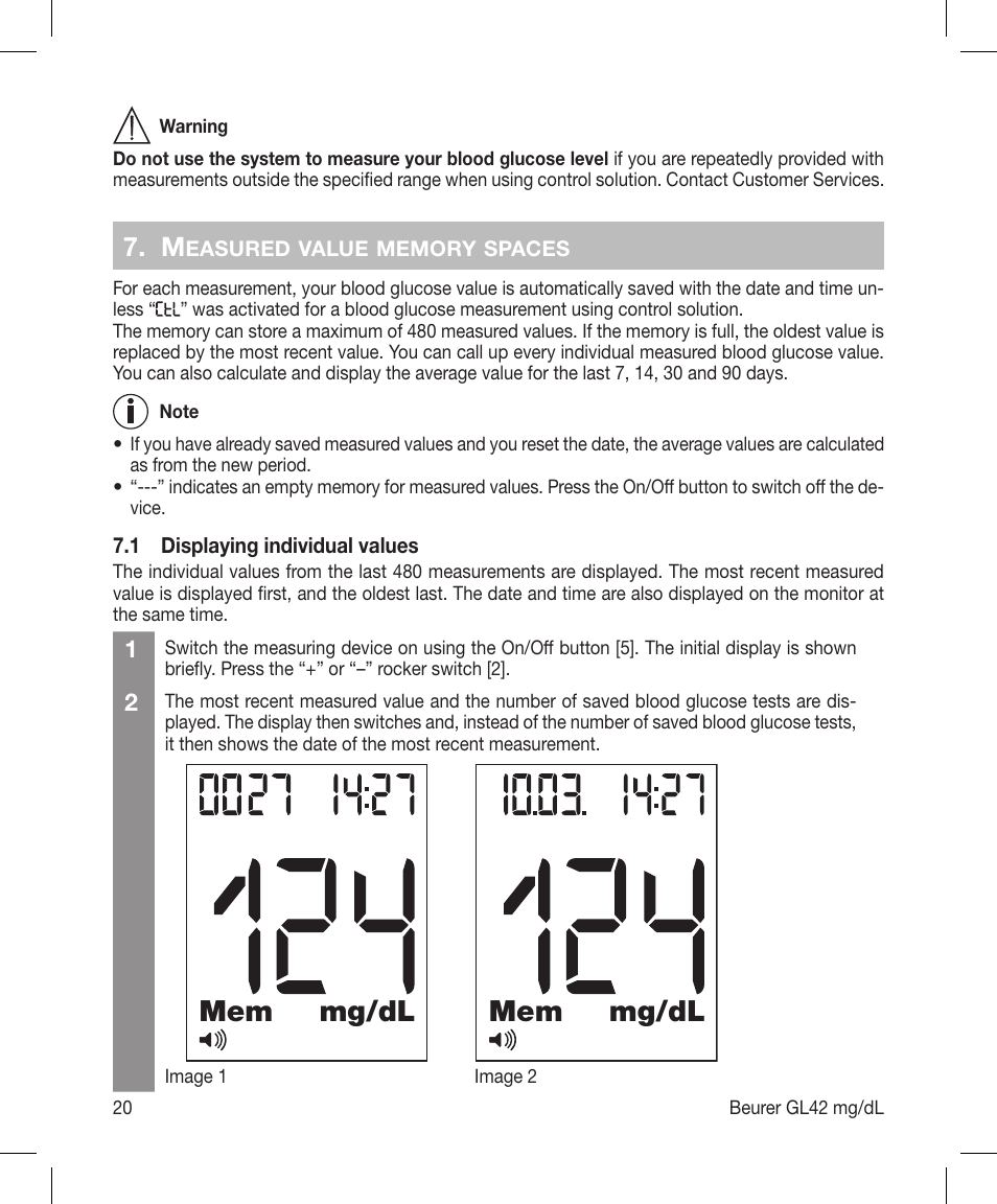 Mg/dl mem | Beurer GL 42 (mg/dL) User Manual | Page 20 / 32