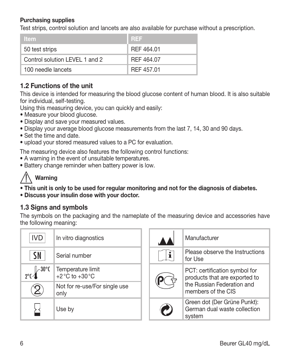 Beurer GL 40 (mg/dL) User Manual | Page 6 / 32