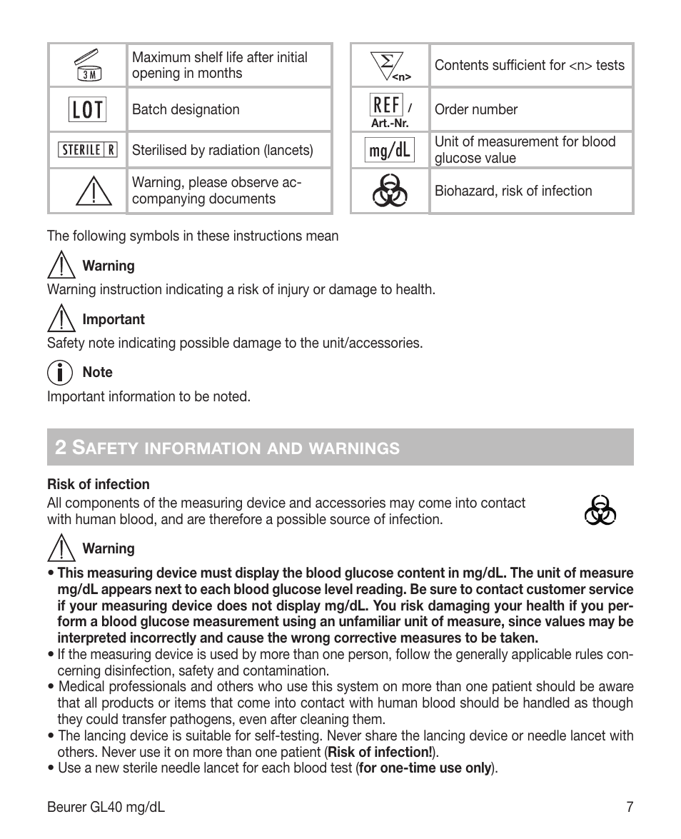 Beurer GL 40 (mg/dL) User Manual | Page 7 / 32