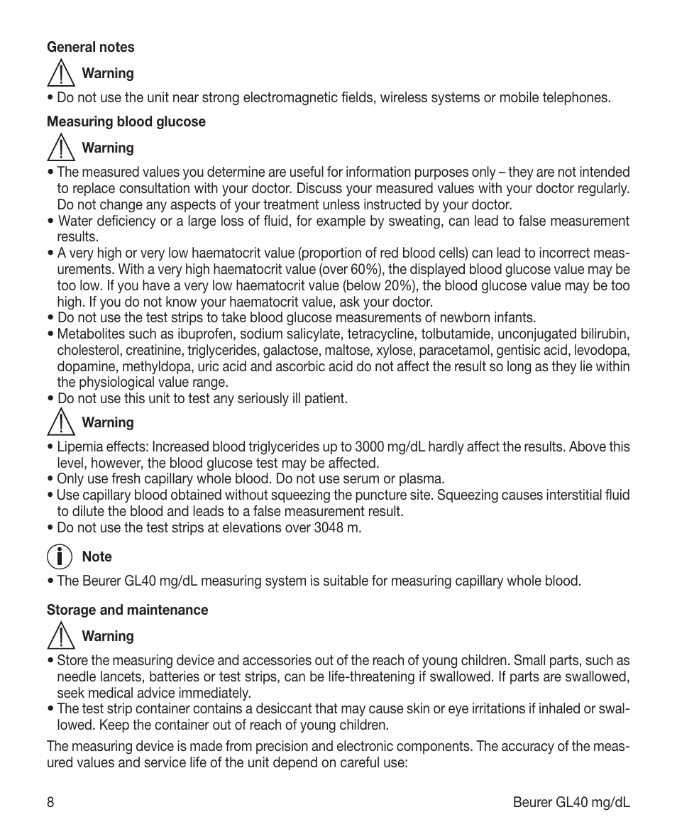 Beurer GL 40 (mg/dL) User Manual | Page 8 / 32