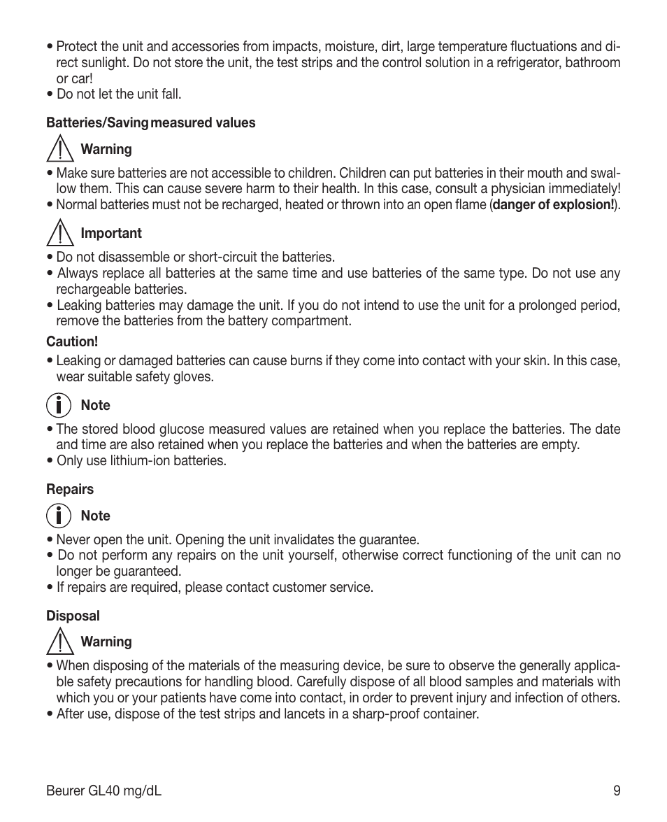 Beurer GL 40 (mg/dL) User Manual | Page 9 / 32