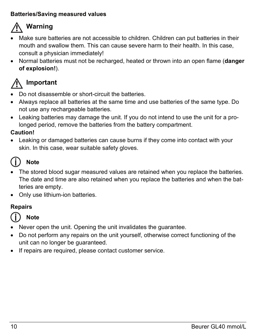 Warning, Important | Beurer GL 40 (mmoL) User Manual | Page 10 / 40