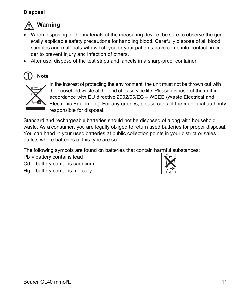 Warning | Beurer GL 40 (mmoL) User Manual | Page 11 / 40