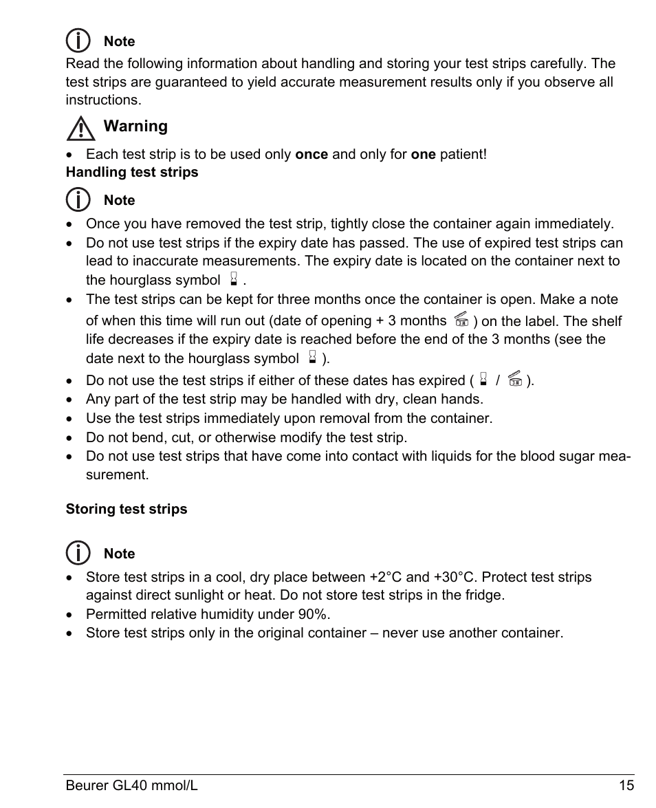 Warning | Beurer GL 40 (mmoL) User Manual | Page 15 / 40