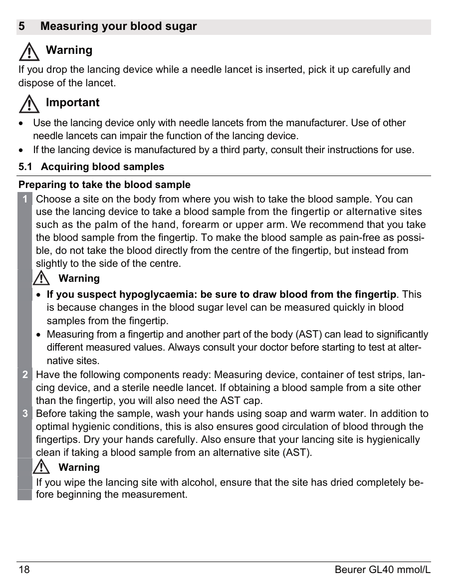 5 measuring your blood sugar, Warning, Important | Beurer GL 40 (mmoL) User Manual | Page 18 / 40
