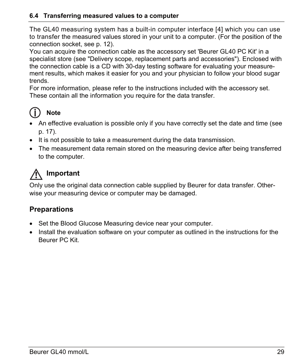Important, Preparations | Beurer GL 40 (mmoL) User Manual | Page 29 / 40