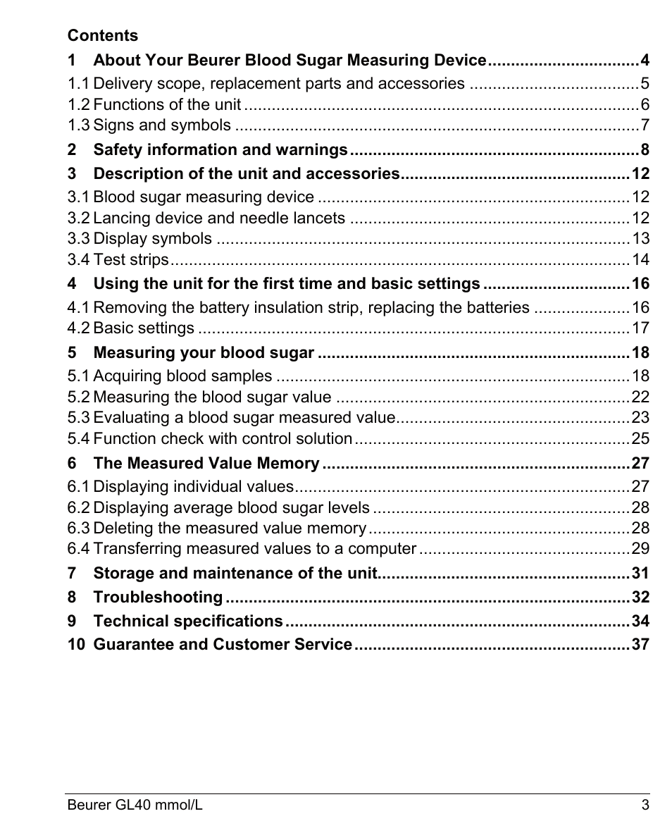 Beurer GL 40 (mmoL) User Manual | Page 3 / 40