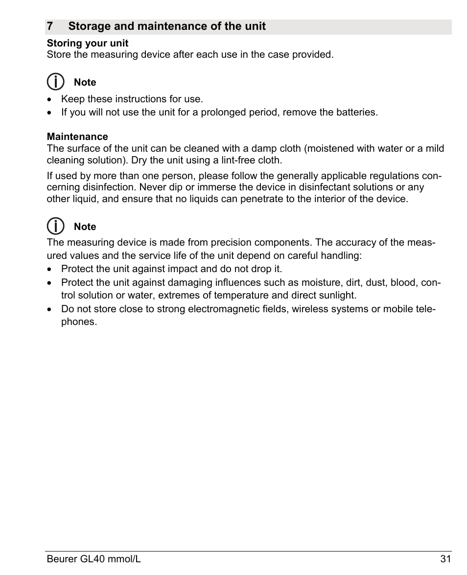 7 storage and maintenance of the unit | Beurer GL 40 (mmoL) User Manual | Page 31 / 40