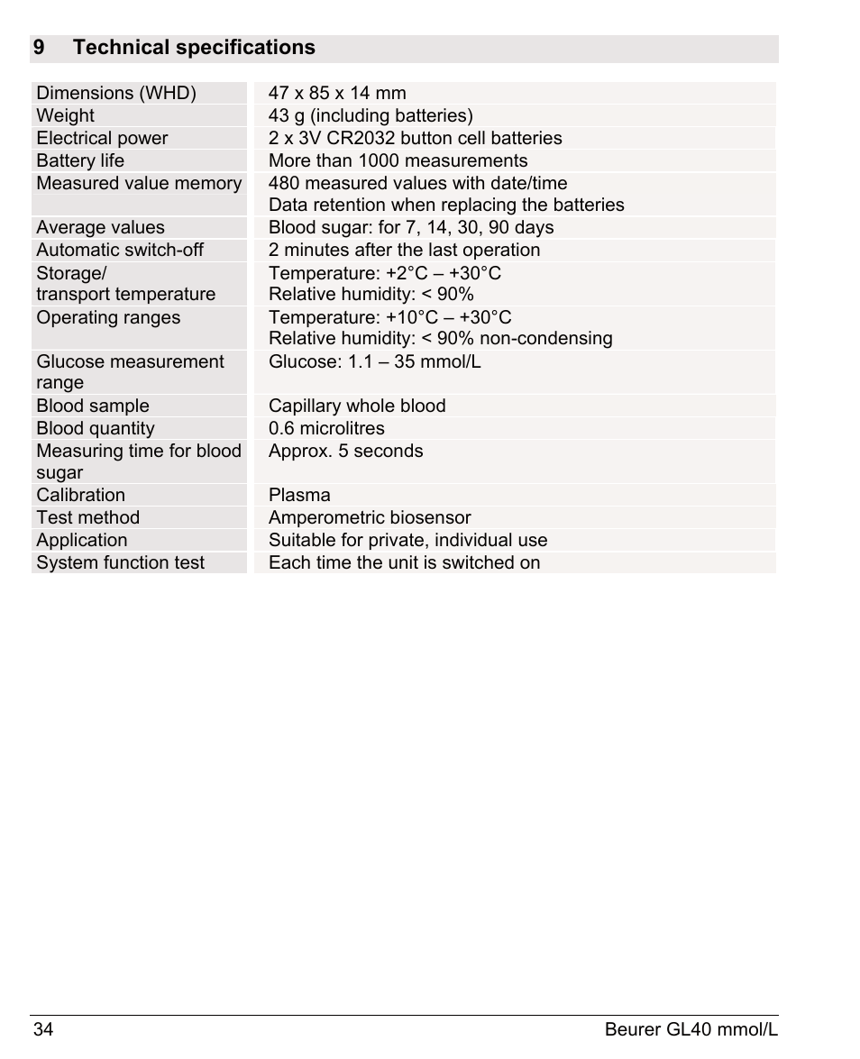 Beurer GL 40 (mmoL) User Manual | Page 34 / 40