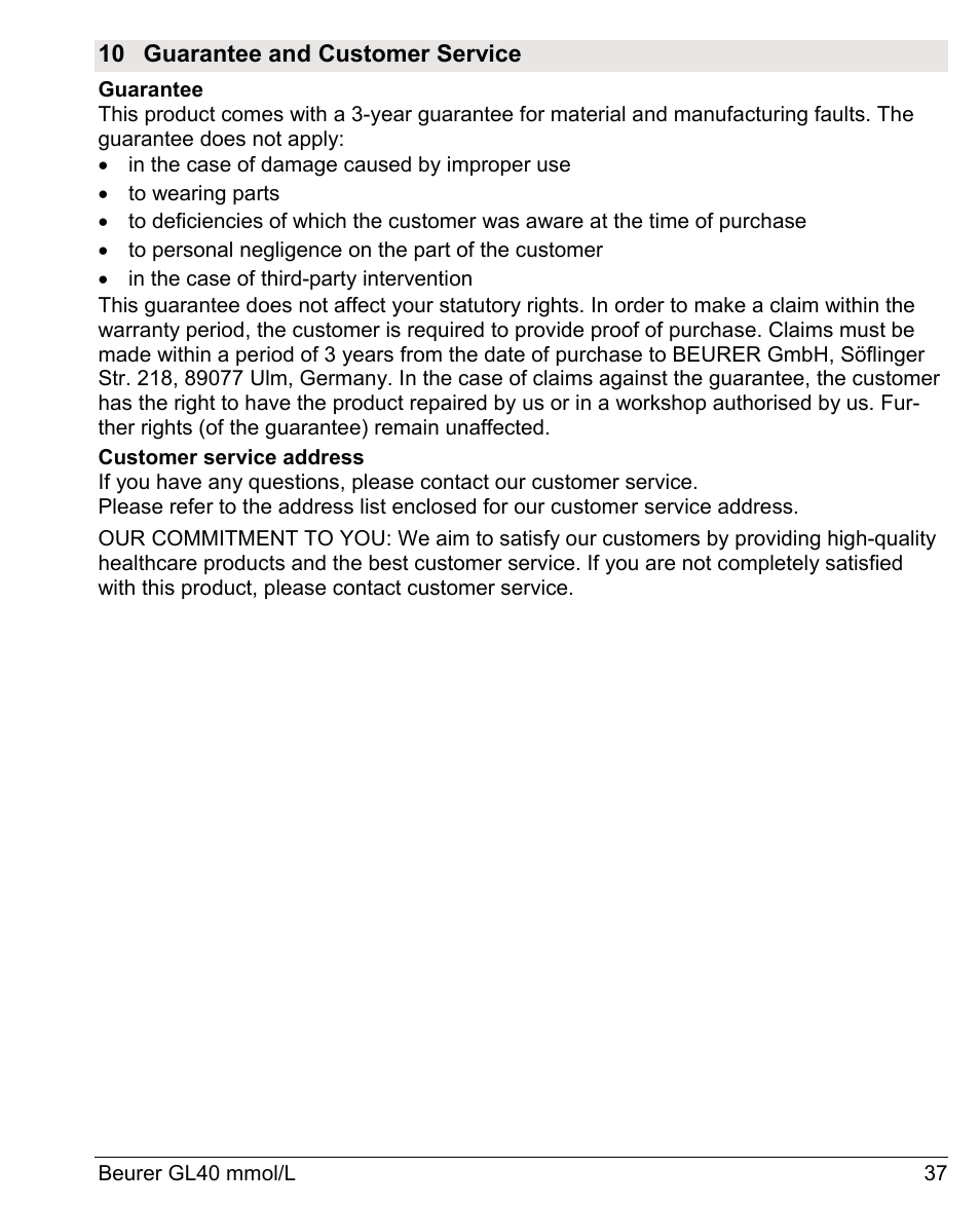 10 guarantee and customer service | Beurer GL 40 (mmoL) User Manual | Page 37 / 40