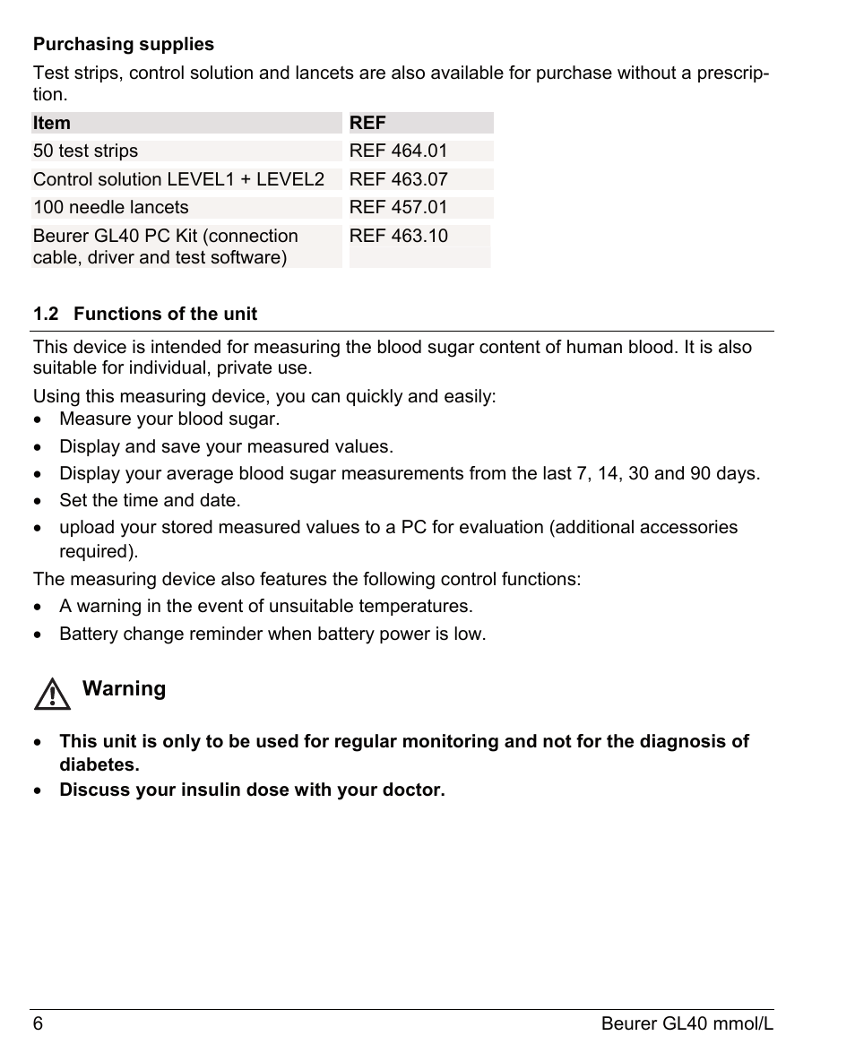 Warning | Beurer GL 40 (mmoL) User Manual | Page 6 / 40