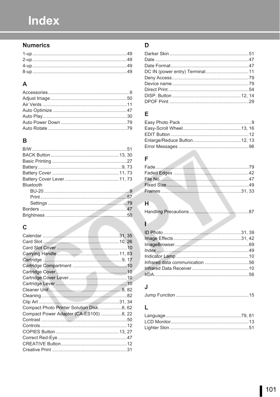 Index | Canon SELPHY ES2 User Manual | Page 101 / 103