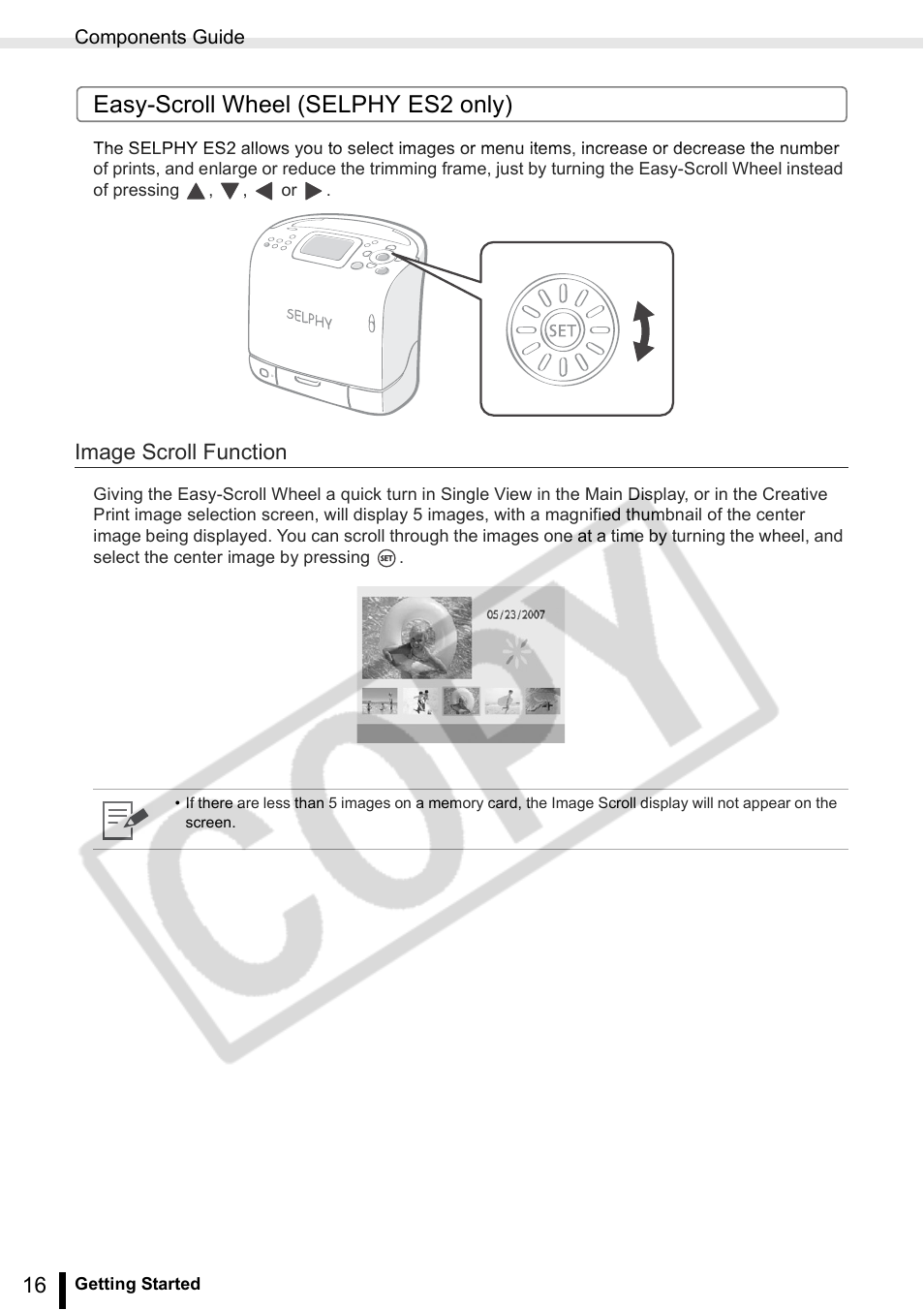 Easy-scroll wheel (selphy es2 only), Image scroll function | Canon SELPHY ES2 User Manual | Page 16 / 103